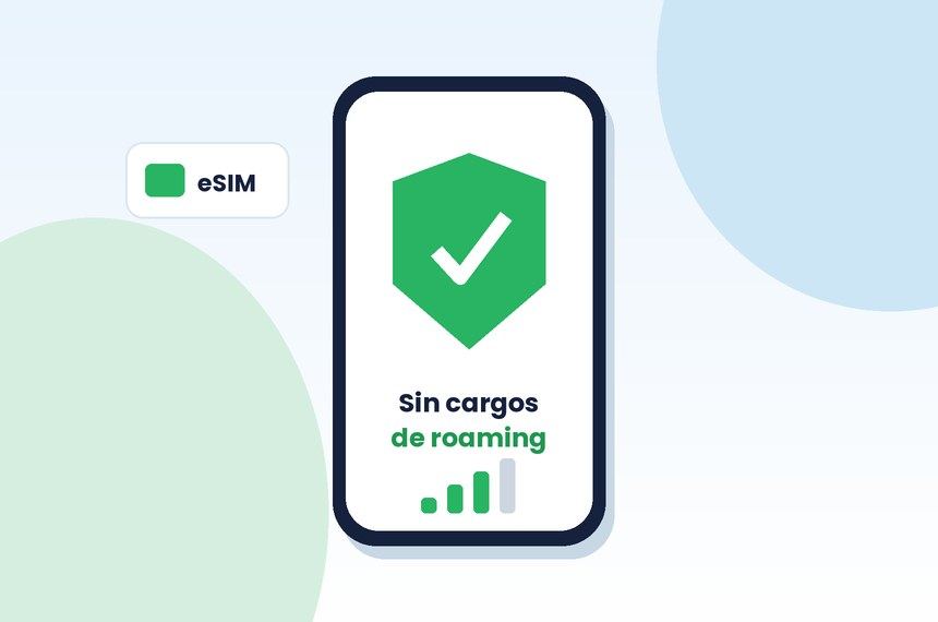 Ilustración de un teléfono con un escudo verde y el texto «Sin cargos de roaming»