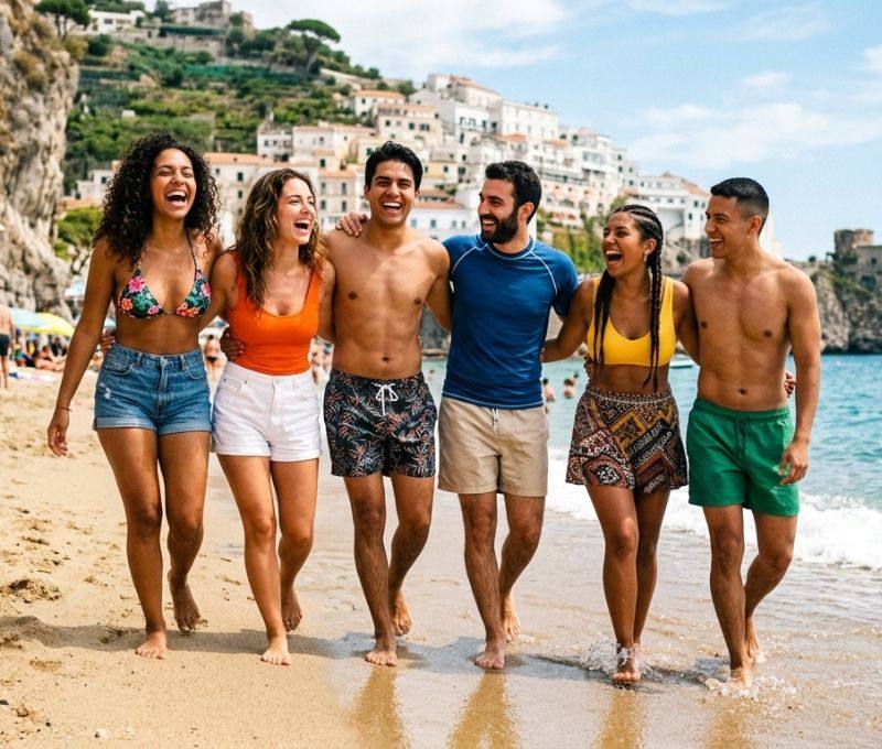 Grupo de amigos caminando por la orilla de una playa