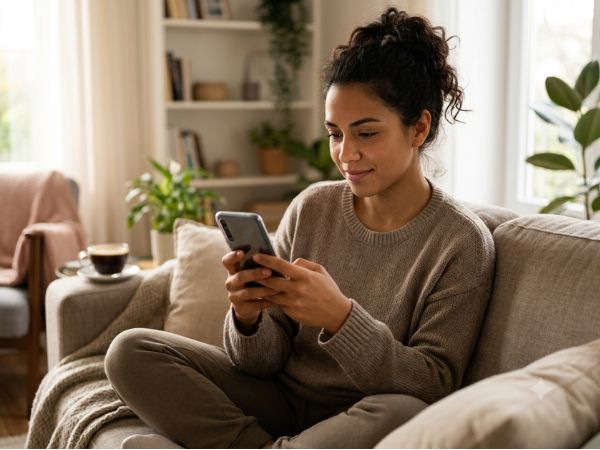Mujer sentada en un sofá eligiendo un plan de datos en su teléfono