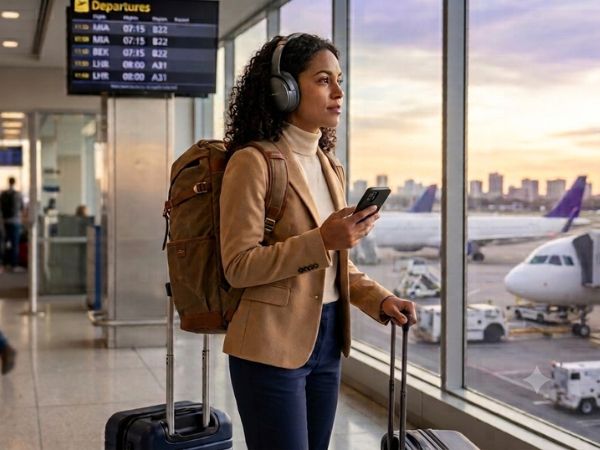 Viajera con mochila y maleta en el aeropuerto, con el teléfono en la mano