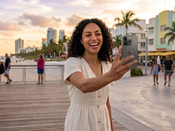 Mujer sonriendo mientras se toma una selfi en un paseo marítimo con palmeras